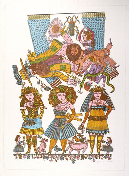 Artist: b'HANRAHAN, Barbara' | Title: b'Carnival queens' | Date: 1977 | Technique: b'screenprint, printed in colour, from seven stencils'