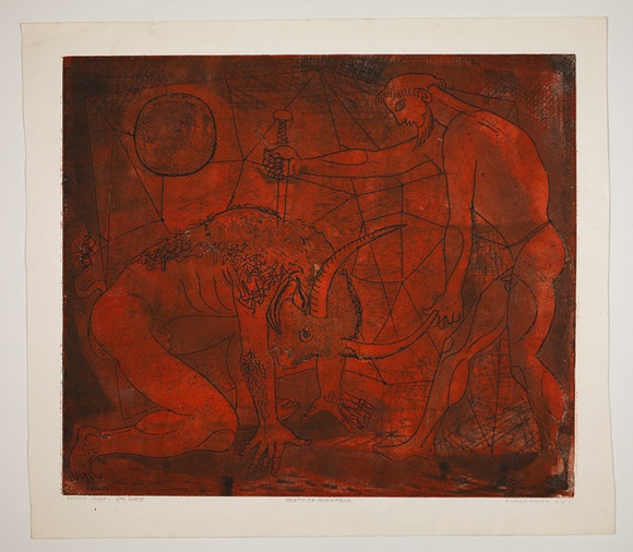 Artist: b'Haxton, Elaine' | Title: b'Death of minotaur' | Date: 1967 | Technique: b'etching, drypoint and aquatint, printed in colour, intaglio and relief from one plate'