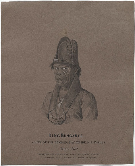 Artist: b'Rodius, Charles.' | Title: b'King Bungaree, Chief of the Broken-Bay tribe, N.S. Wales. Died 1832.' | Date: 1834 | Technique: b'chalk-lithograph, printed in black ink, from one stone; highlights in brush and white gouache'