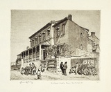 Artist: LINDSAY, Lionel | Title: The black walled house, the Rocks area, Cumberland Street, Sydney | Date: 1916 | Technique: etching and aquatint, printed in brown ink, from one plate | Copyright: Courtesy of the National Library of Australia