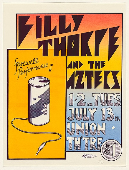 Artist: b'EARTHWORKS POSTER COLLECTIVE' | Title: b'Billy Thorpe and the Aztecs farewell performance' | Date: 1976 | Technique: b'screenprint, printed in colour, from three stencils'