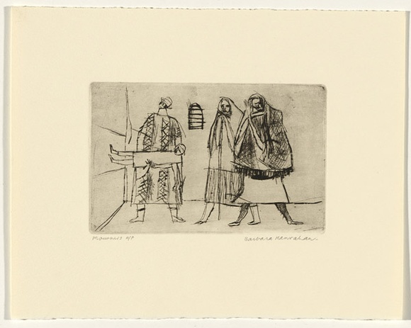 Artist: b'HANRAHAN, Barbara' | Title: b'Mourners' | Date: c.1960 | Technique: b'drypoint, printed in black ink, from one plate'