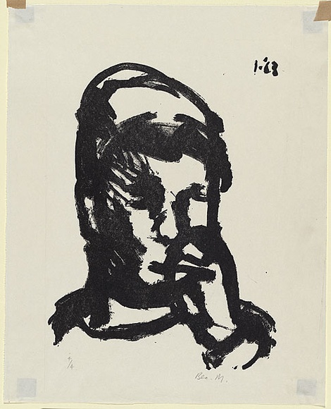 Artist: b'MADDOCK, Bea' | Title: b'Self portrait' | Date: January 1963 | Technique: b'lithograph worked in touche, printed in black ink by hand-burnishing, from one stone'