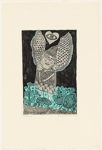 Artist: b'HANRAHAN, Barbara' | Title: b'The angel' | Date: 1989-1990 | Technique: b'etching, printed in black ink, from one plate, hand-coloured'