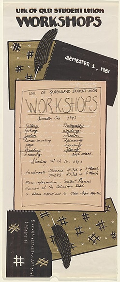 Artist: DOHERTY, Brian | Title: Uni. of Qld. Student Union Workshops, Semester 1, 1981. | Date: 1981 | Technique: screenprint, printed in brown/gold ink, from one stencil | Copyright: © Brian Doherty. Licensed by VISCOPY, Australia