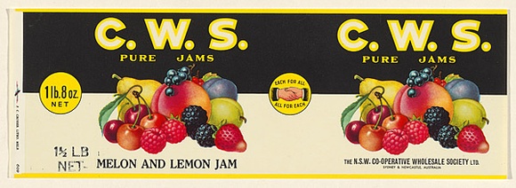 Artist: b'UNKNOWN' | Title: b'Label: C.W.S. melon and lemon jam' | Date: c.1920 | Technique: b'lithograph, printed in colour, from multiple stones [or plates]'