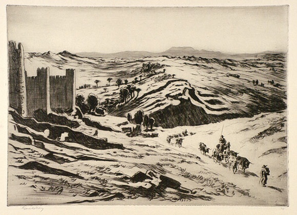 Artist: b'LINDSAY, Lionel' | Title: b'Outside the walls, Avila' | Date: 1926 | Technique: b'drypoint, printed in brown ink with plate-tone, from one plate' | Copyright: b'Courtesy of the National Library of Australia'