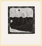 Artist: b'Gilbert, Kevin.' | Title: b'Corroboree Spirits' | Date: 1967 | Technique: b'linocut, printed in black ink, from one block'