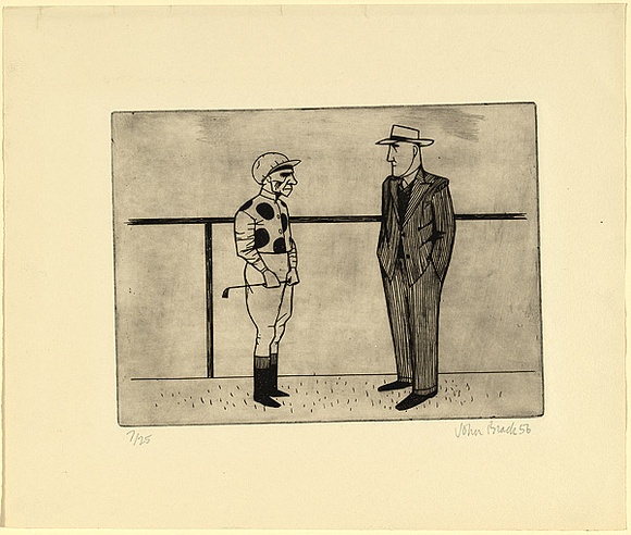 Artist: b'Brack, John.' | Title: b'Jockey and trainer.' | Date: 1956 | Technique: b'etching, printed in black ink with plate-tone, from one copper plate' | Copyright: b'\xc2\xa9 Helen Brack'