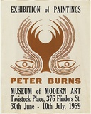 Artist: b'Burns, Peter.' | Title: b'Exhibition of paintings: Peter Burns, Museum of Modern Art [Melbourne].' | Date: 1959 | Technique: b'linocut, printed in brown ink, from multiple blocks; letterpress, printed in black ink' | Copyright: b'\xc2\xa9 Peter Burns'