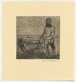 Artist: b'WILLIAMS, Fred' | Title: b'Boatman' | Date: 1955-56 | Technique: b'etching, aquatint, engraving, printed in black ink, from one zinc plate' | Copyright: b'\xc2\xa9 Fred Williams Estate'