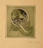 Artist: b'Hunter, William.' | Title: b'Bookplate: Alan Queale' | Date: 1943 | Technique: b'etching and aquatint, printed in brown ink, from one plate'
