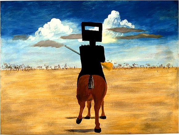 Artist: b'The Pott Still Press.' | Title: b'(Ned Kelly riding a horse).' | Date: 1981 | Technique: b'photo-offset lithogaph, printed in colour'