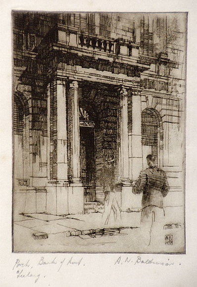 Artist: b'Baldwinson, Arthur.' | Title: b'Porch, Bank of Australia, Geelong.' | Date: 1928 | Technique: b'etching and aquatint, printed in brown ink with plate-tone, from one copper plate'