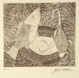 Artist: Nargoodah, John. | Title: Brolga and barramundi | Date: 1994, October - November | Technique: etching, printed in black ink, from one plate