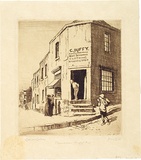 Artist: b'LINDSAY, Lionel' | Title: b'Pawnbroker of the Argyle Cut' | Date: 1917 | Technique: b'etching, printed in brown ink, from one plate' | Copyright: b'Courtesy of the National Library of Australia'