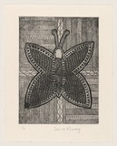 Artist: b'Murray, Janice.' | Title: b'not titled [butterfly rendered in geometric patterns and cross-hatching]' | Date: 1999, November | Technique: b'etching, printed in black ink, from one plate' | Copyright: b'\xc2\xa9 Janice Murray and Jilamara Arts + Craft'