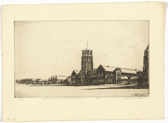 Artist: b'PLATT, Austin' | Title: b'Geelong Grammar School, Victoria' | Date: 1937 | Technique: b'etching, printed in black ink, from one plate'