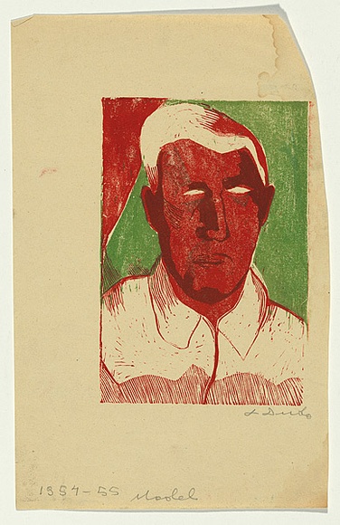 Artist: b'Groblicka, Lidia.' | Title: b'Model [portrait of a man].' | Date: 1954-55 | Technique: b'woodcut, printed in colour, from multiple blocks'