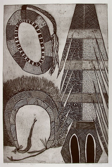 Artist: b'Wonaeamirri, Pedro.' | Title: b'Pukumani objects' | Date: 2000, March | Technique: b'etching, printed in black ink, with plate-tone, from one plate' | Copyright: b'\xc2\xa9 Pedro Wonaeamirri, Jilamara Arts and Craft'