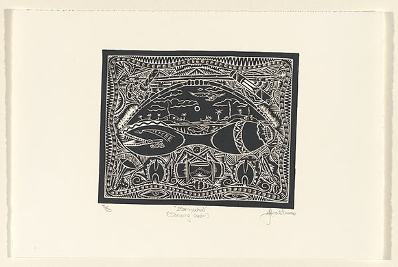 Artist: b'MAST, Robert' | Title: b'Zamiyakal (Dancing Gear)' | Date: 2000 | Technique: b'linocut, printed in black ink, from one block'