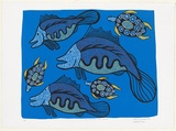 Artist: CLARMONT, Sammy | Title: Barrumundi and turtles | Date: 1998, June | Technique: screenprint, printed in colour, from multiple stencils