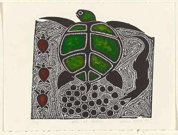 Artist: b'Nona, Dennis.' | Title: b'Warr ar Karum' | Date: 2000 | Technique: b'linocut, printed in black ink, from one block; hand coloured [with a green and a redish-brown ink] a la coupe [wet on wet technique]' | Copyright: b'Courtesy of the artist and the Australia Art Print Network'