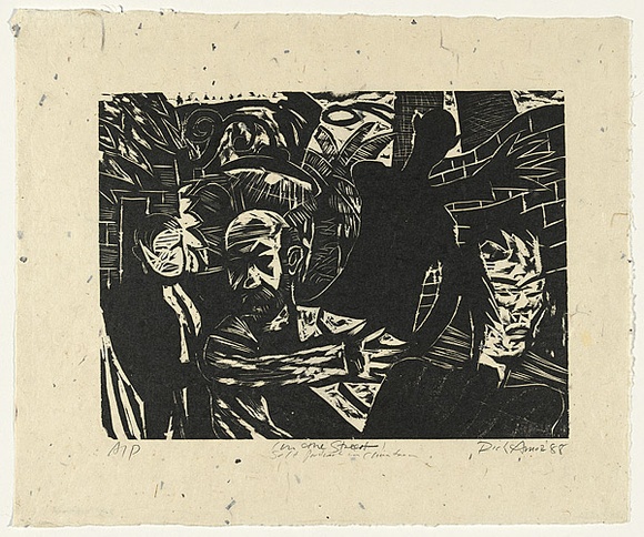 Artist: b'AMOR, Rick' | Title: b'(In the street) self portrait in China Town' | Date: 1988 | Technique: b'woodcut, printed in black ink, from one block'