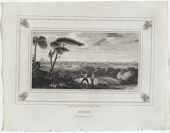 Artist: b'Carmichael, John.' | Title: b'Sydney, from Woolloomooloo Hill.' | Date: 1829 | Technique: b'engraving, printed in black ink, from one copper plate'