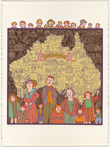 Artist: b'HANRAHAN, Barbara' | Title: b'My family, my Australia' | Date: 1983 | Technique: b'screenprint, printed in colour, from eight stencils'