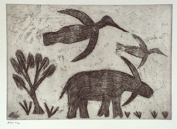 Artist: b'Jirwulurr Johnson, Amy.' | Title: b'not titled (bird and buffalo)' | Date: 2000, November | Technique: b'etching, printed in black ink, from one plate'