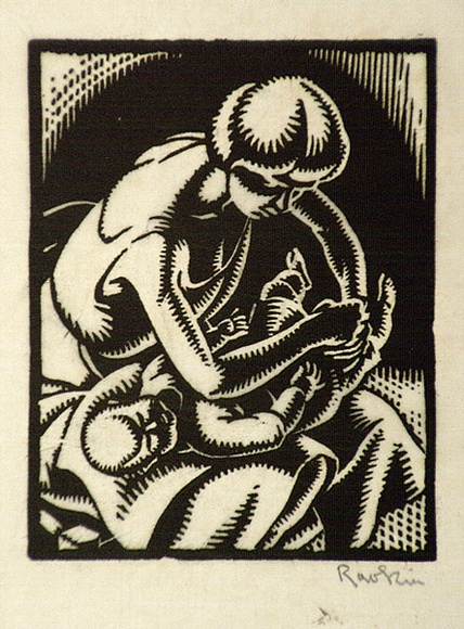 Artist: b'Hawkins, Weaver.' | Title: b'(Changing a nappy)' | Date: c.1927 | Technique: b'woodcut, printed in black ink, from one block' | Copyright: b'The Estate of H.F Weaver Hawkins'