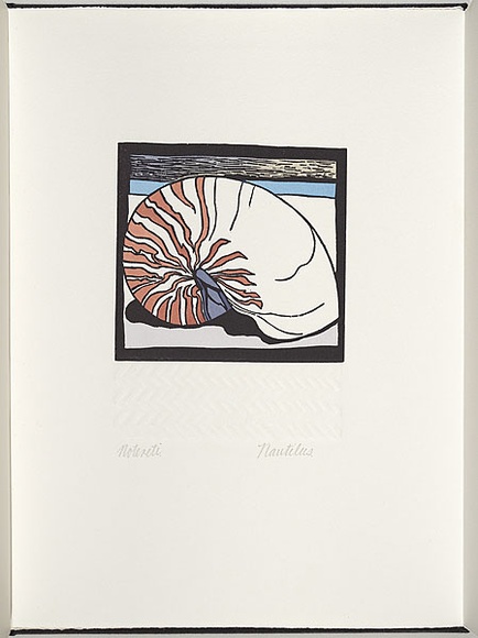 Artist: b'White, Robin.' | Title: b'Not titled (Notereti Nautilus).' | Date: 1985 | Technique: b'woodcut, printed in black ink, from one block; handcoloured'