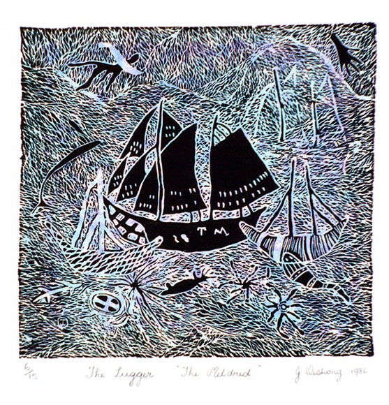 Artist: b'JENUARRIE' | Title: bThe lugger 'The Mildred' | Date: 1986 | Technique: b'linocut, printed in black ink, from one block; hand-coloured,'