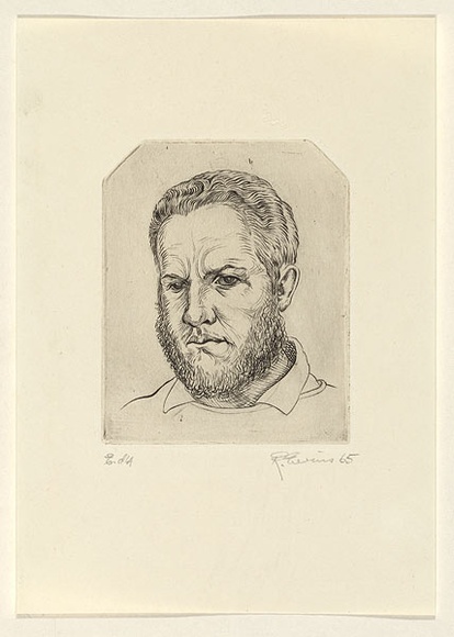 Artist: b'EWINS, Rod' | Title: b'Self-portrait.' | Date: 1965 | Technique: b'line-engraving, printed in black ink, from one copper plate'