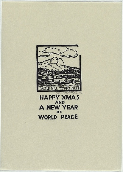 Artist: b'Johnson, John Godschall.' | Title: b'Greeting card: Happy Xmas and a New Year of World Peace' | Date: c.1930 | Technique: b'woodcut, printed in black ink, from one block'