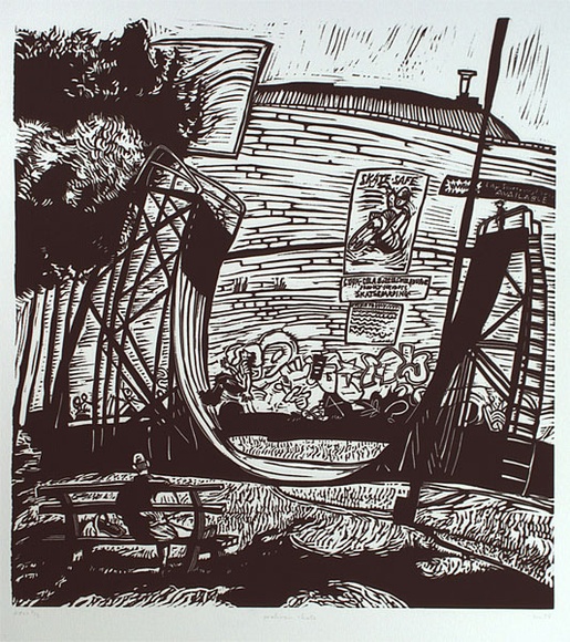 Artist: b'Mourtzios, Debbie.' | Title: b'Prahran, skate' | Date: 1998, June | Technique: b'linocut, printed in black ink, from one block' | Copyright: b'\xc2\xa9 Debbie Mourtzios'