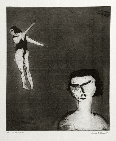 Artist: b'BALDESSIN, George' | Title: b'Performers.' | Date: 1964 | Technique: b'etching and aquatint, printed in black ink, from one plate'