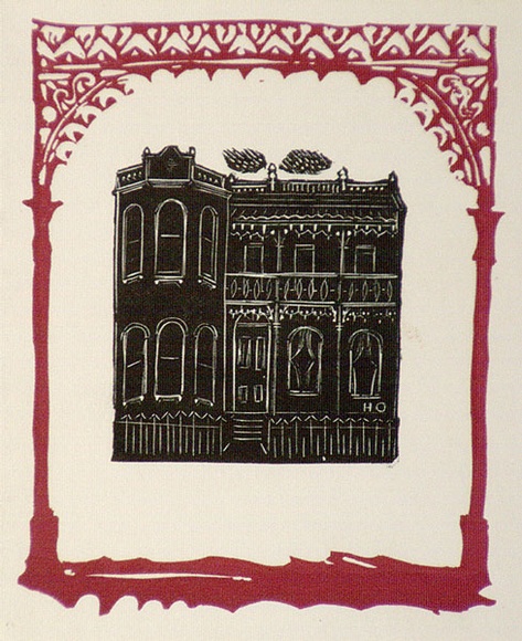 Artist: b'OGILVIE, Helen' | Title: bnot titled [Facade of two storeyed Victorian house - a design used for catalogue covers/ invitations for the artist's exhibition] | Date: c.1942 | Technique: b'wood-engraving and linoct, printed in colour'