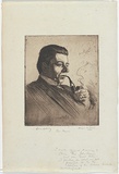 Artist: b'LINDSAY, Lionel' | Title: b'Portrait of Christopher Brennan' | Date: 1914 | Technique: b'etching, foul-biting and roulette, printed in brown ink, from one plate' | Copyright: b'Courtesy of the National Library of Australia'