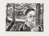 Artist: ZOFREA, Salvatore | Title: Self-portrait at Manly Beach. | Date: 1994-99 | Technique: woodcut, printed in black ink, from one magnolia woodblock | Copyright: © Salvatore Zofrea, 1994-1999