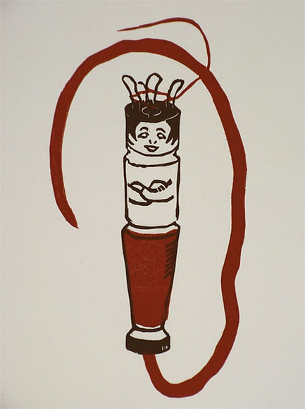 Artist: b'Randell, Fleur.' | Title: b'The knitting nancy' | Date: 1995, March | Technique: b'linocut, printed in colour, from two blocks (black image; red and yellow ink)'