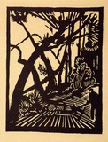 Artist: b'Stephen, Clive.' | Title: b'(Woodcutter in forest)' | Date: c.1950 | Technique: b'linocut, printed in black ink, from one block'