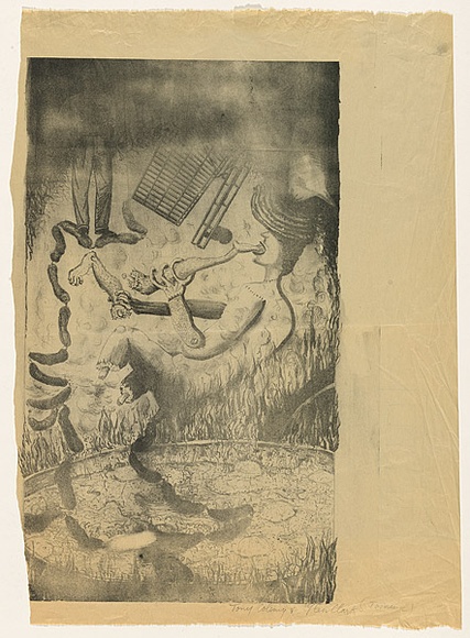 Title: b'not titled [boiling pot and sausages, legs hanging, legs eaten]' | Date: c.1992 | Technique: b'lithograph, printed in black ink, from one stone [or plate]'