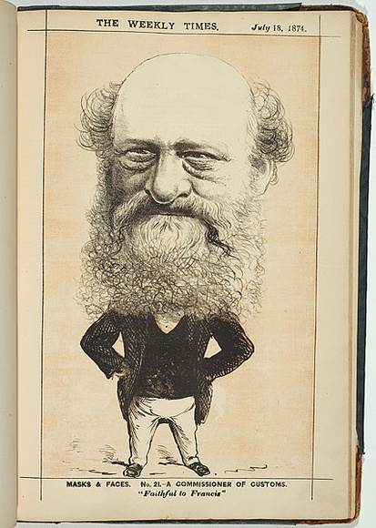 Title: b'Commissioner of customs [The Hon. Edward Cohen M.L.A.].' | Date: 18 July 1874 | Technique: b'lithograph, printed in colour, from multiple stones'