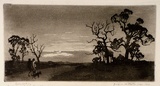 Artist: b'LINDSAY, Lionel' | Title: b'The Sundowner' | Date: 1921 | Technique: b'aquatint and burnishing, printed in black ink,  from one plate' | Copyright: b'Courtesy of the National Library of Australia'