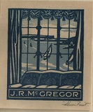 Artist: FEINT, Adrian | Title: Bookplate: J.R. McGregor. | Date: (1929) | Technique: wood-engraving, printed in colour, from two blocks in light and dark blue inks | Copyright: Courtesy the Estate of Adrian Feint
