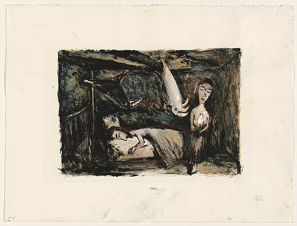 Artist: b'Shead, Garry.' | Title: b'The dream' | Date: 1995 | Technique: b'lithograph, printed in black ink, from one stone; hand-coloured [recto]; linocut, printed in black ink, from one block; hand-coloured a la coupe (wet on wet technique) [verso]' | Copyright: b'\xc2\xa9 Garry Shead'