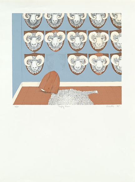 Artist: b'Kossatz, Les.' | Title: b'Trophy room' | Date: 1975 | Technique: b'photo-offset-lithograph, printed in colour, from multiple plates' | Copyright: b'\xc2\xa9 Les Kossatz. Licensed by VISCOPY, Australia'
