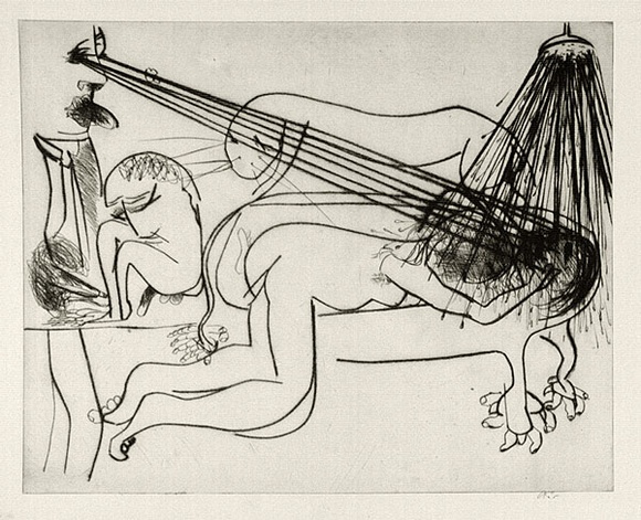 Artist: b'BOYD, Arthur' | Title: b'Hypnotist with nude, bath and beast.' | Date: (1968-69) | Technique: b'drypoint, printed in black ink, from one plate' | Copyright: b'Reproduced with permission of Bundanon Trust'